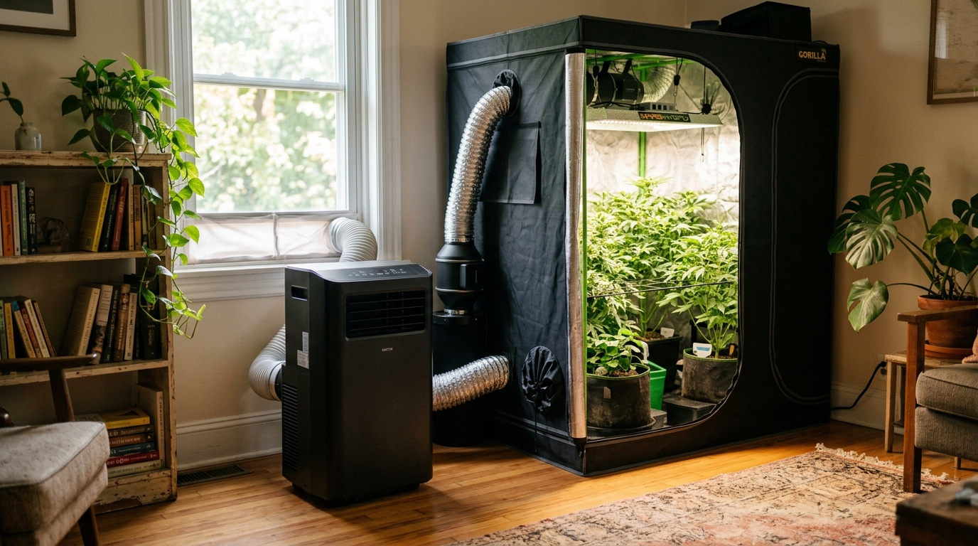 Portable air conditioner positioned beside a grow tent with exhaust hose routed through a tent port while plants grow inside under LED lighting