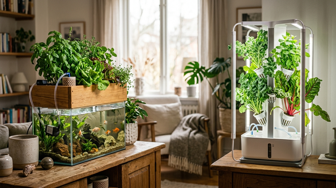 Aquaponic system with tilapia fish tank connected to grow beds of lettuce and herbs, next to a compact hydroponic tower