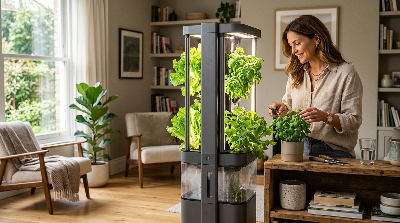 Aeroponic tower garden with lush leafy greens growing in a bright indoor space