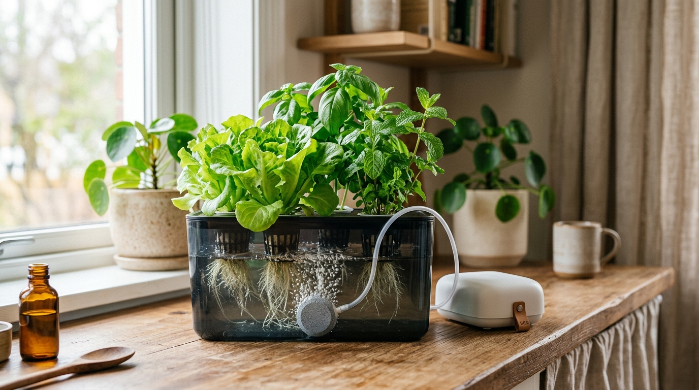 Ceramic air stone producing fine bubbles in a DWC hydroponic bucket with plant roots visible in oxygenated nutrient solution
