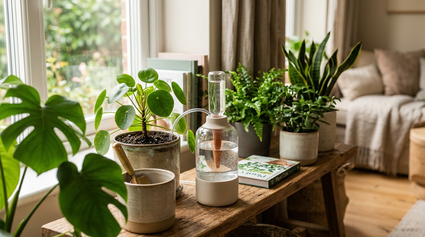 Indoor potted plants on a wooden shelf connected to a drip irrigation system with stakes and tubing