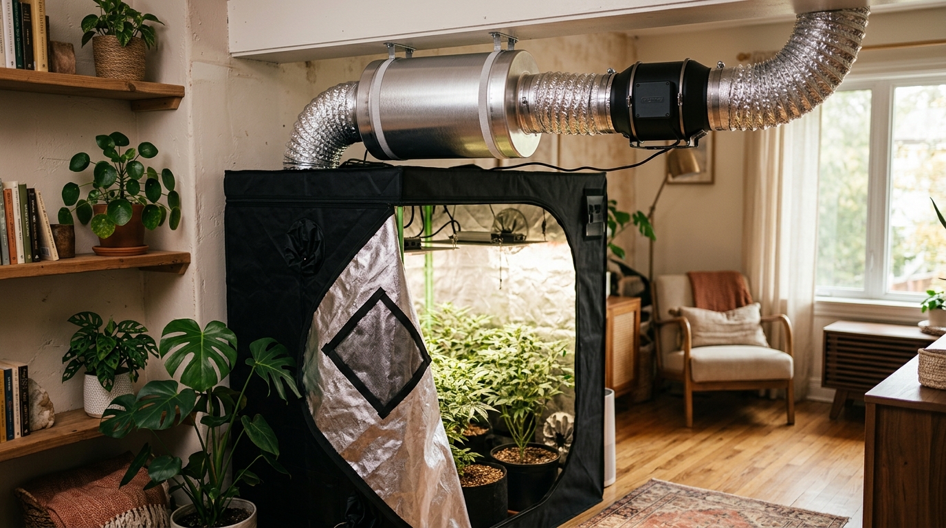 A carbon filter connected to an inline fan inside a grow tent with ducting running to an exhaust port
