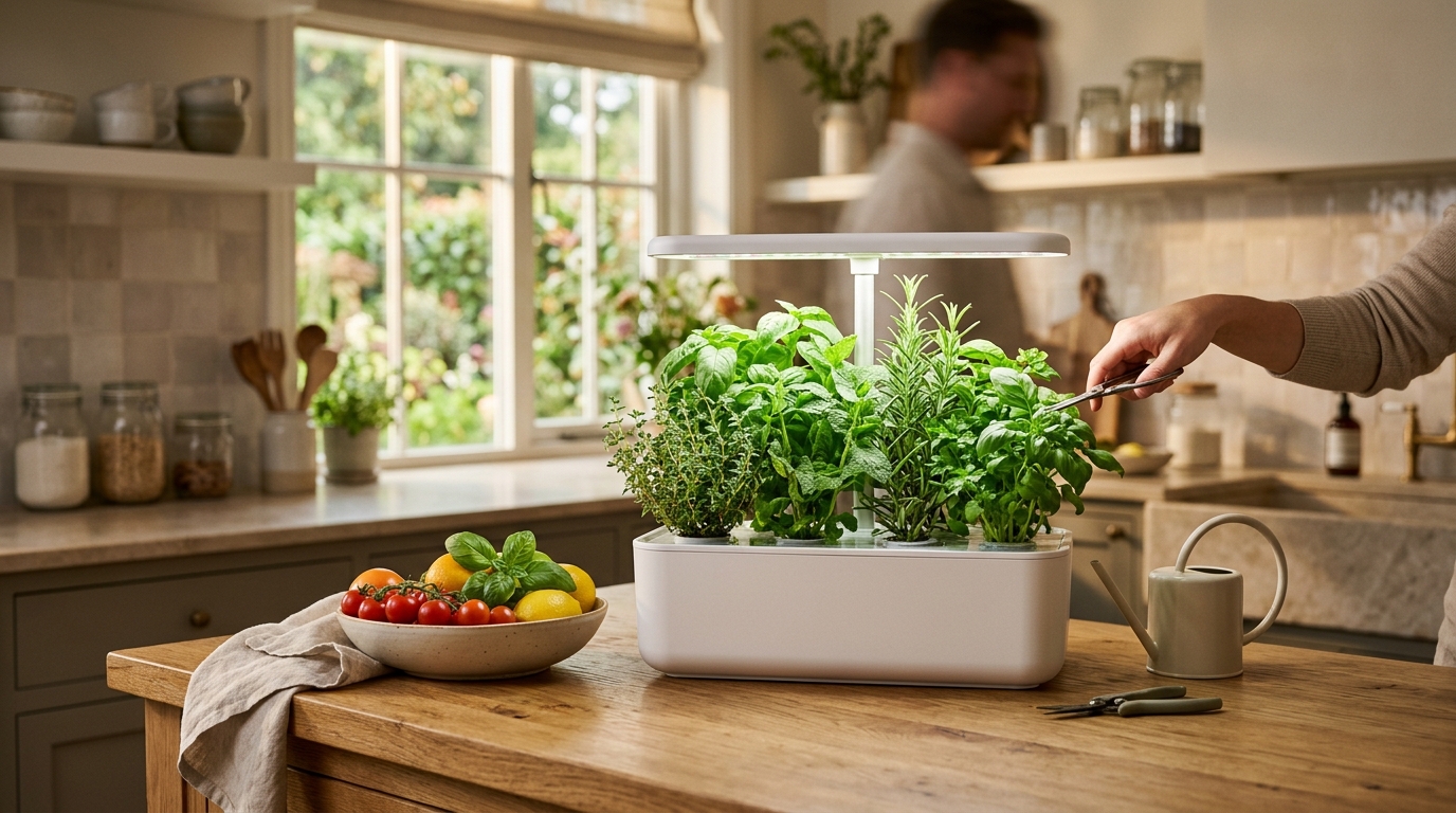 Countertop herb garden with fresh basil, parsley, and mint growing under LED grow lights on a kitchen counter