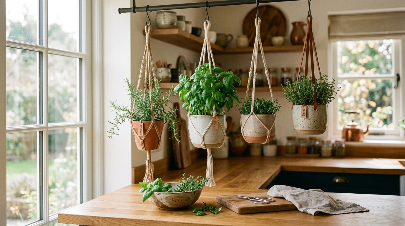Macrame hanging planters holding potted basil, mint, and thyme suspended near a bright kitchen window