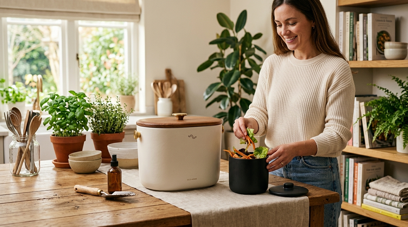 Indoor composting systems on a kitchen counter including an electric composter and countertop compost bin with fresh food scraps