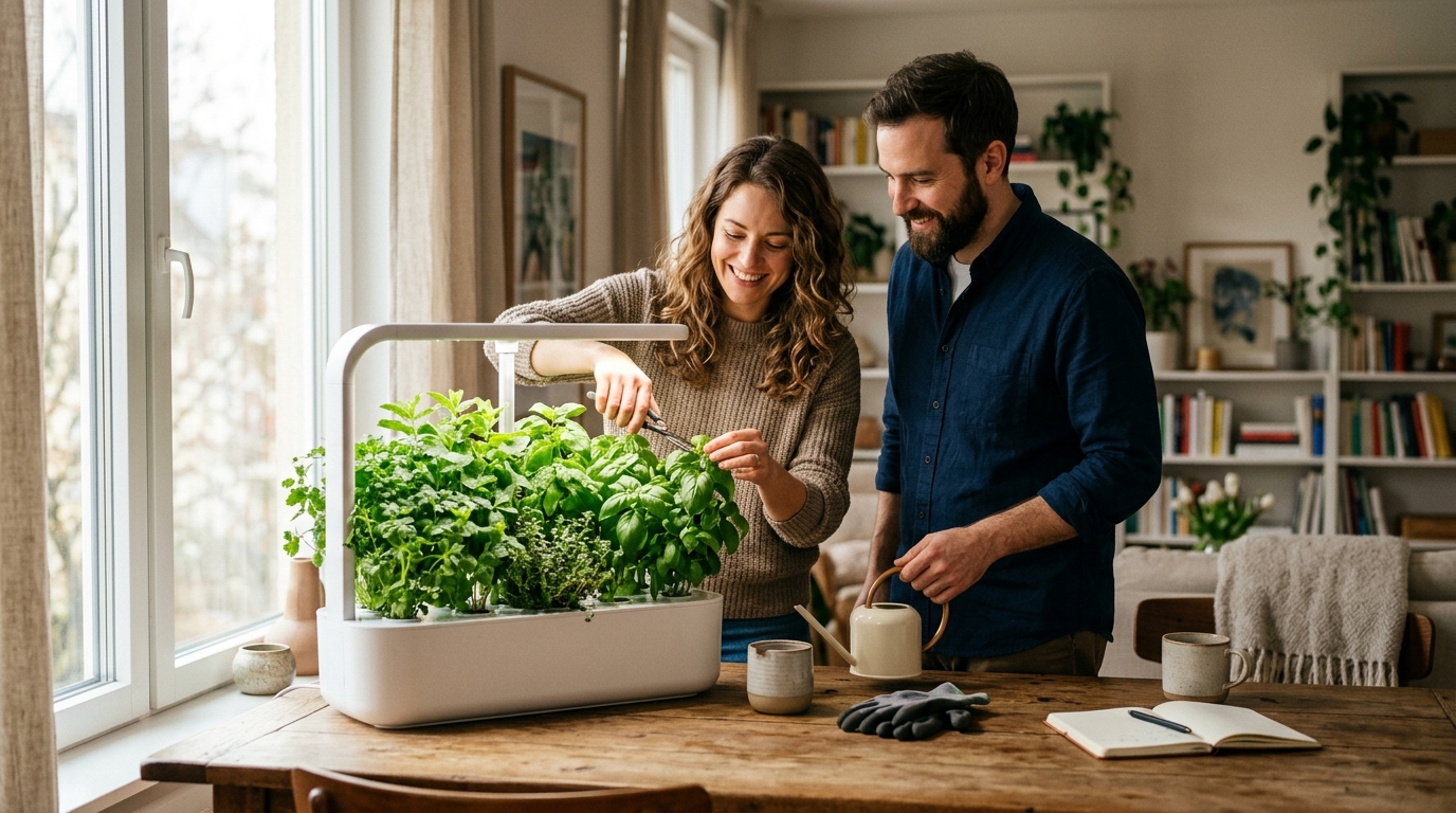 Countertop indoor grow kit with LED grow lights and fresh herb seedlings in pods on a kitchen counter