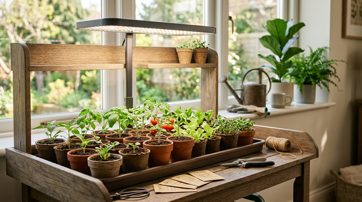 LED grow light strips hanging above a flat of seedlings on a wire shelf in a basement seed starting setup