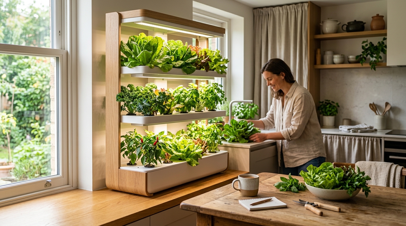 Multi-tier indoor hydroponic vegetable garden with leafy greens, herbs, and compact tomatoes growing under LED grow lights in a modern kitchen
