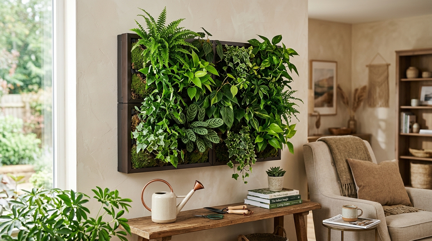 An indoor living wall with lush green plants in modular fabric pocket planters mounted on a white wall, filled with cascading ferns, pothos, and herbs under warm ambient light