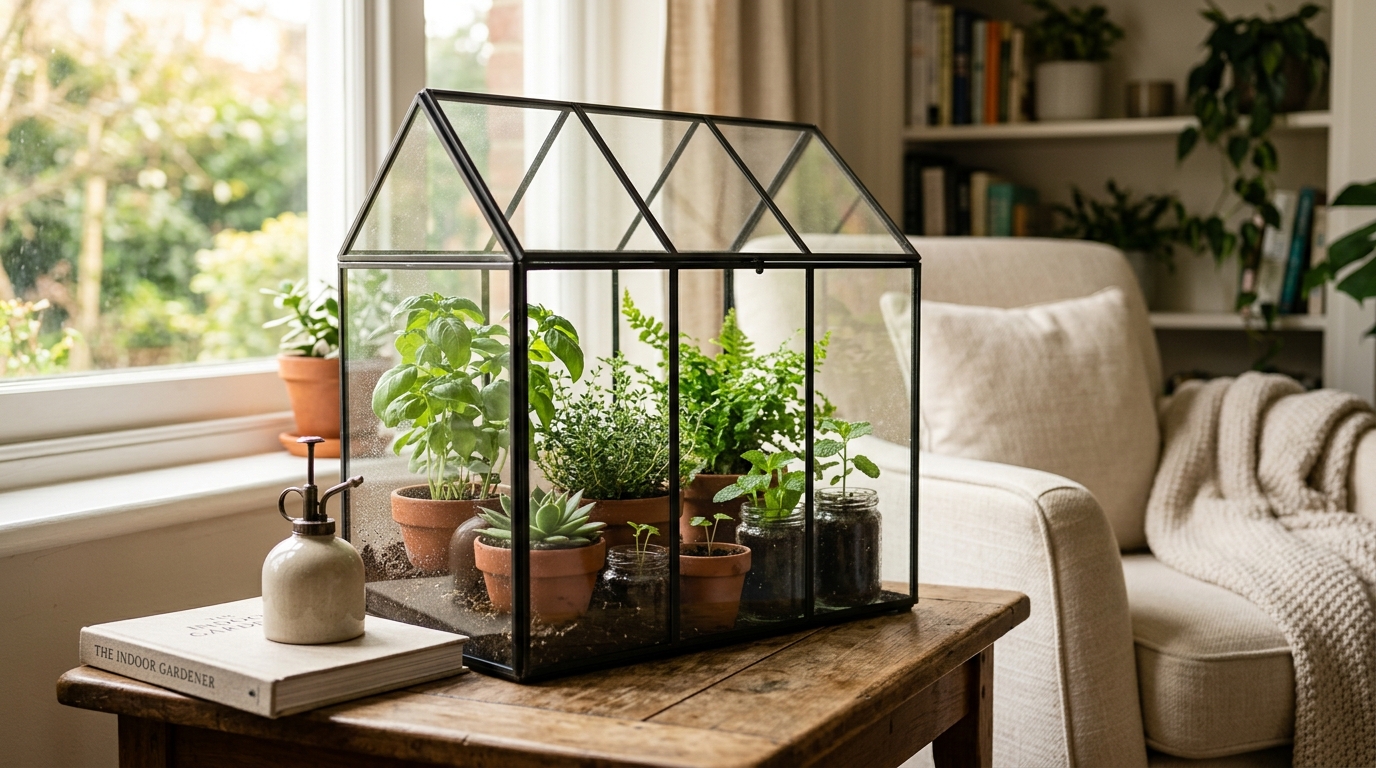 Indoor mini greenhouse tiered shelving unit with clear PVC cover, seedling trays on each shelf, and a grow light above
