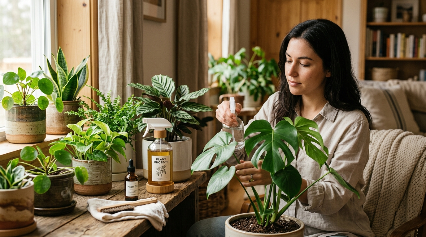 Spray bottle of neem oil next to yellow sticky traps and a potted herb plant on a wooden shelf indoors
