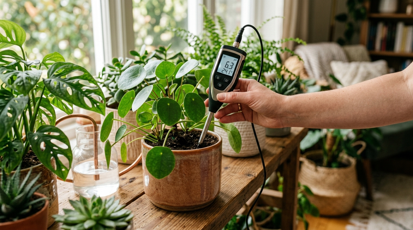 Digital pH pen meters and calibration solution bottles arranged next to a hydroponic system with leafy green plants under LED grow lights