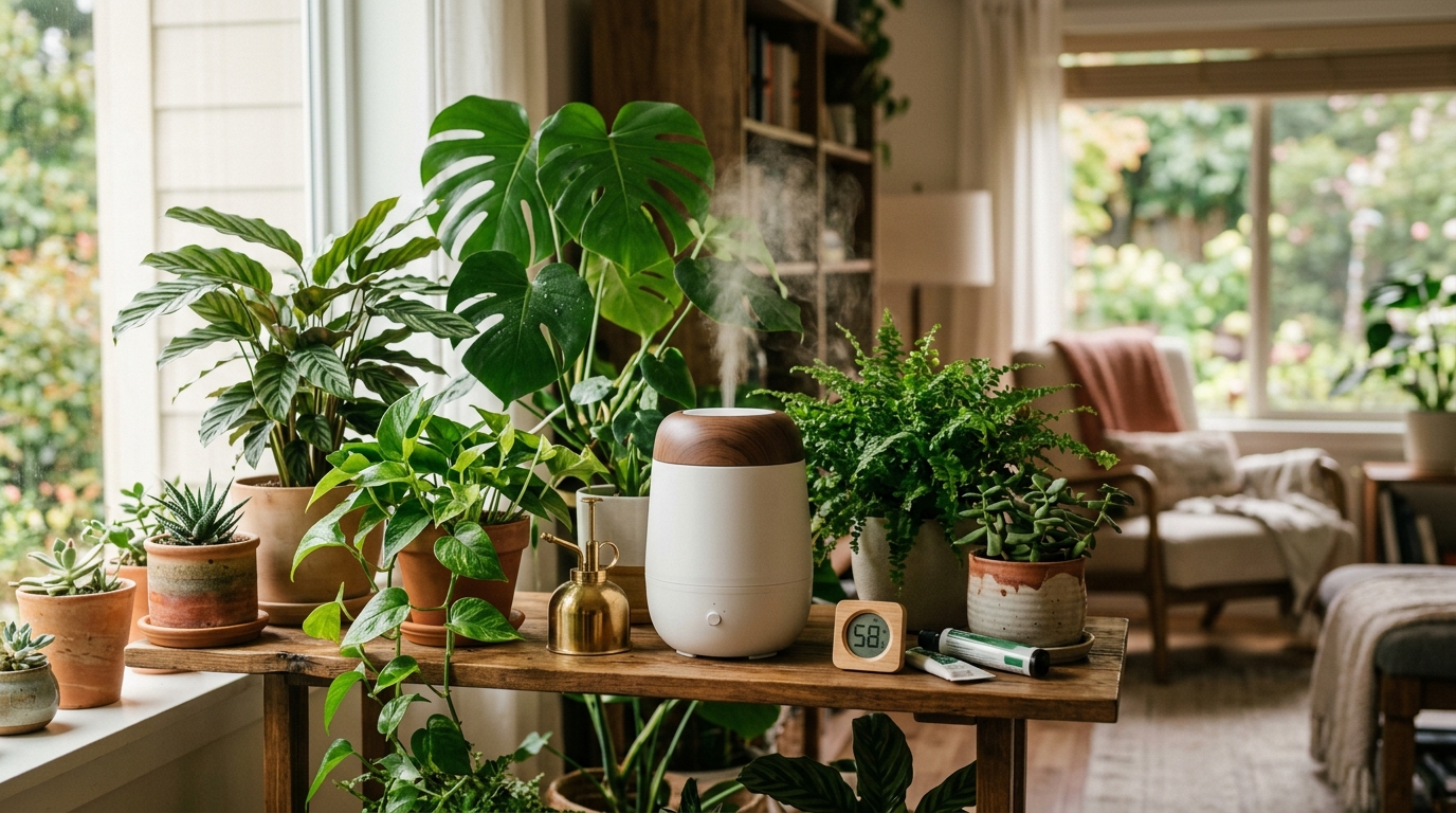 Ultrasonic plant humidifier releasing cool mist beside a lush tropical houseplant collection on tiered shelves in a bright indoor room