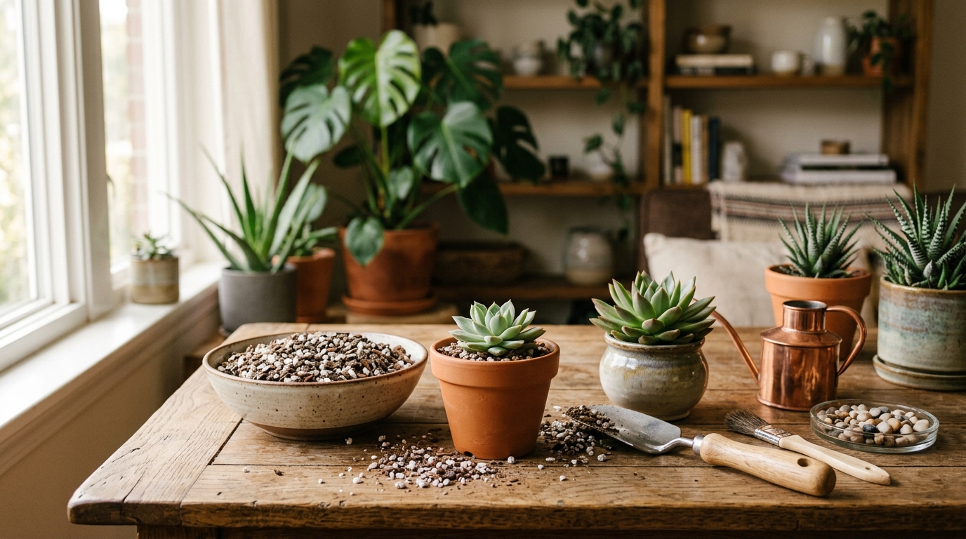 Assorted succulents and cacti potted in gritty fast-draining soil in terracotta pots arranged on a sunny windowsill