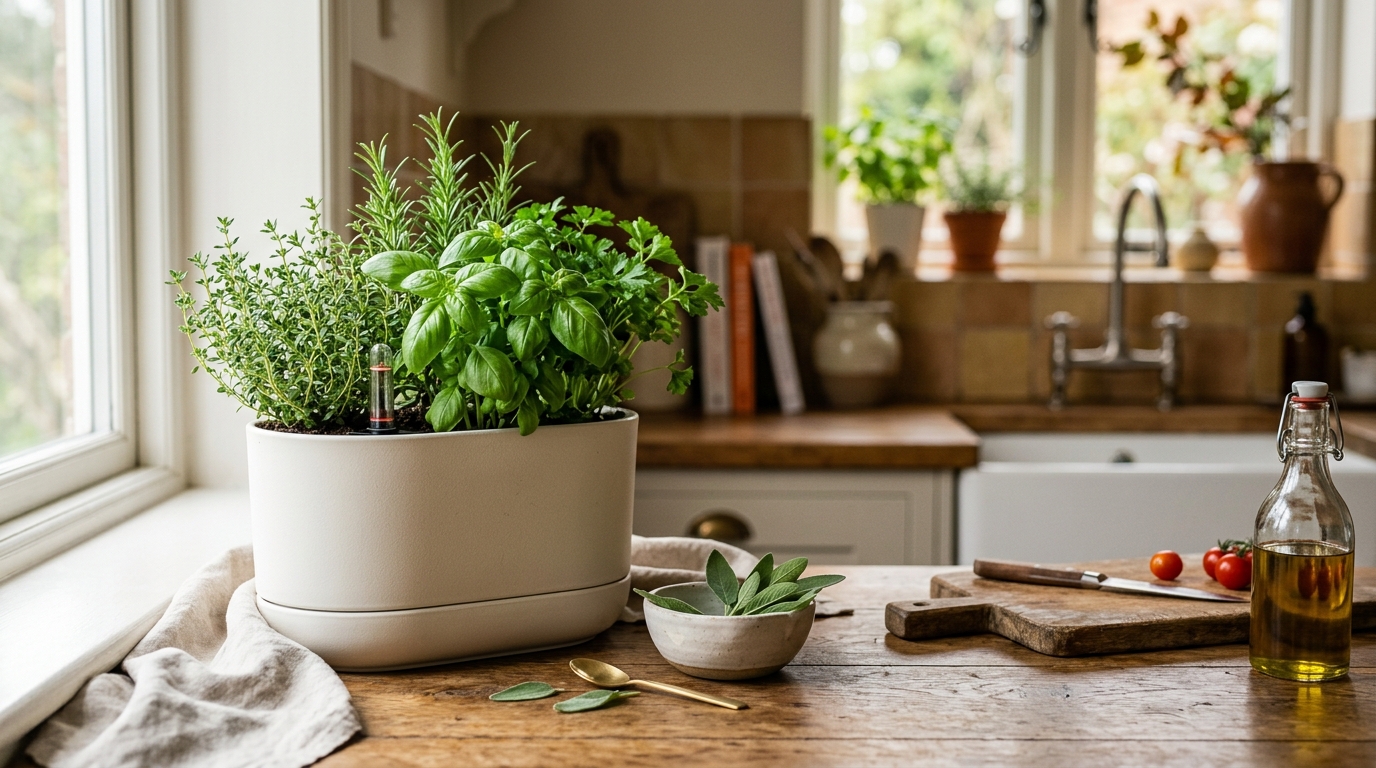 Row of self-watering herb pots on a sunny kitchen windowsill with basil, mint, and parsley growing in white planters