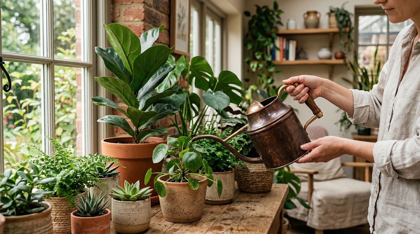 Copper gooseneck watering can and galvanized metal watering can on a bright shelf surrounded by green houseplants