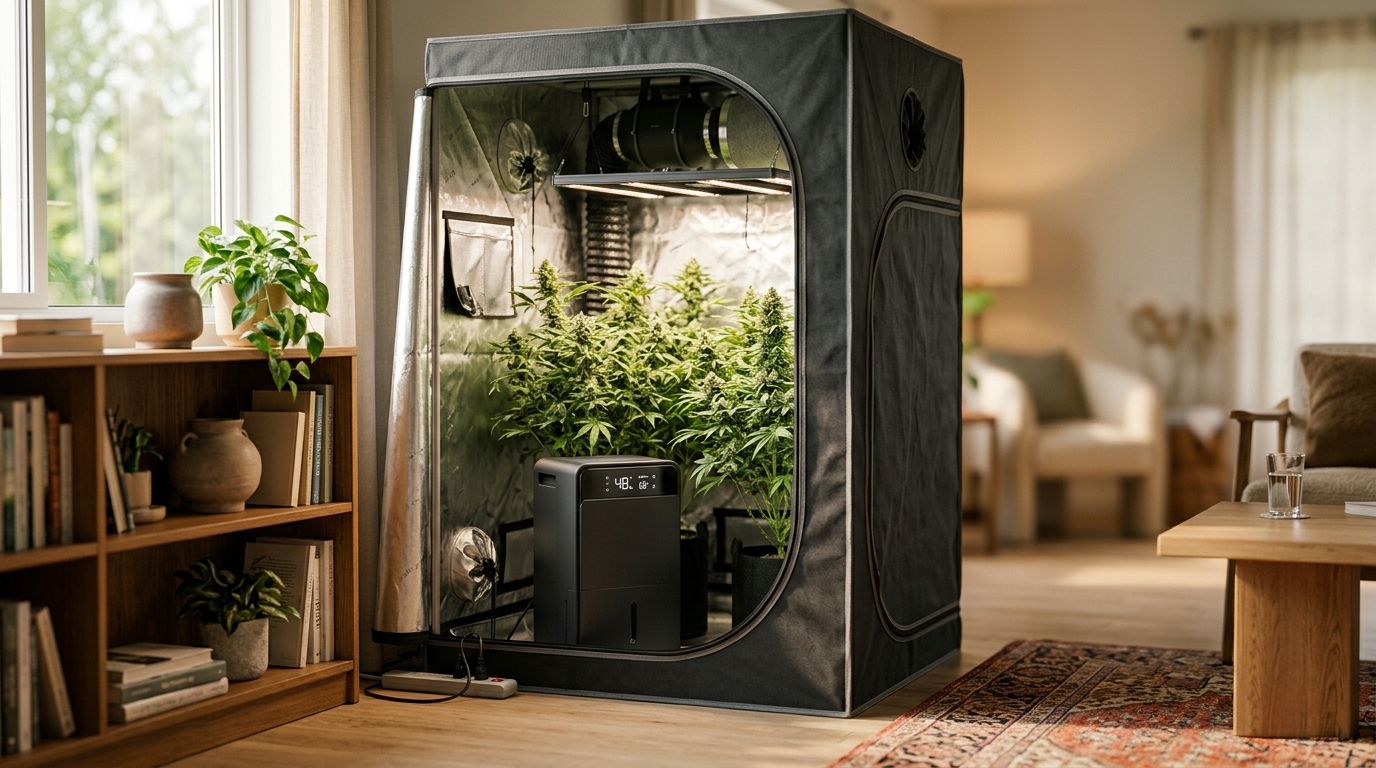 Compact electric dehumidifier running inside a grow tent beside flowering plants under LED lights with a hygrometer showing 48% relative humidity