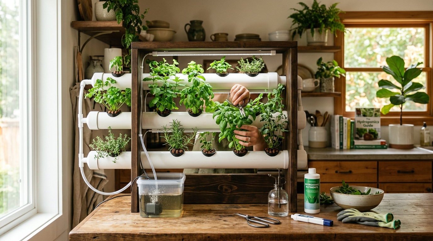 A DIY deep water culture hydroponics setup with lettuce growing in net pots over a reservoir
