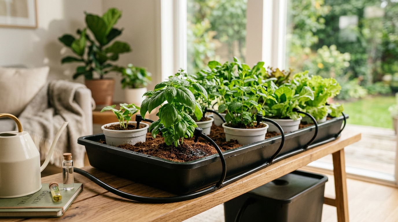 A recirculating drip hydroponics system with tomato plants growing in clay pebbles inside a 4-bucket setup, drip emitters visible at the base of each plant, reservoir below