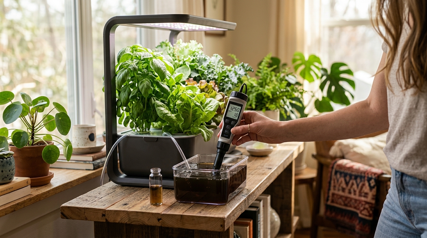 Digital EC meter being dipped into a hydroponic nutrient reservoir next to nutrient powder and a grow tent