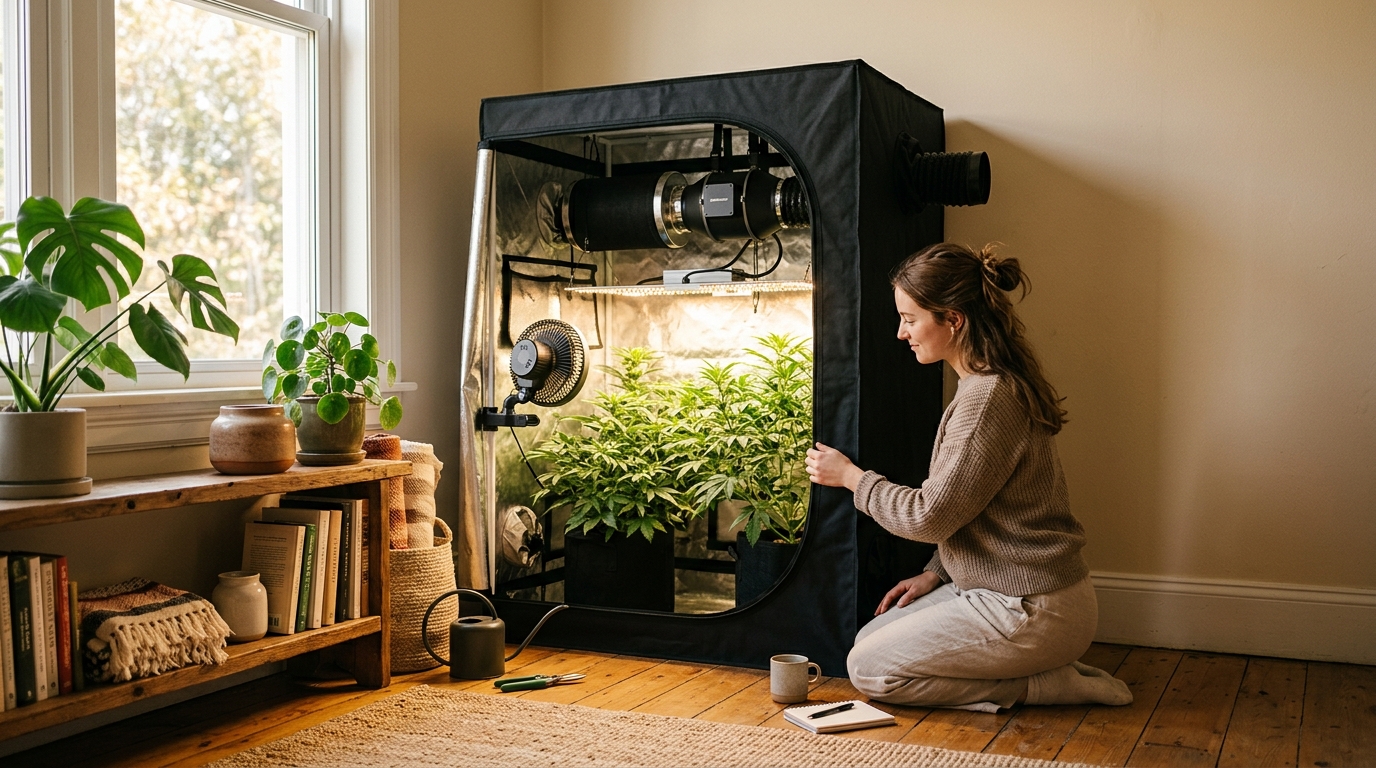 An AC Infinity Cloudline inline fan connected to a carbon filter inside a grow tent with silver ducting routed to the exhaust port