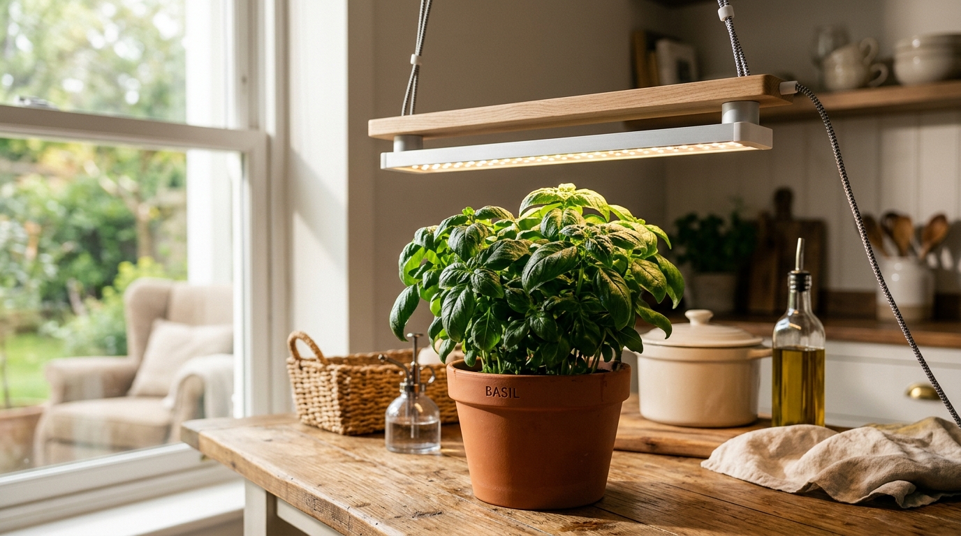 LED grow light bar illuminating lush green basil plants on a kitchen countertop herb garden