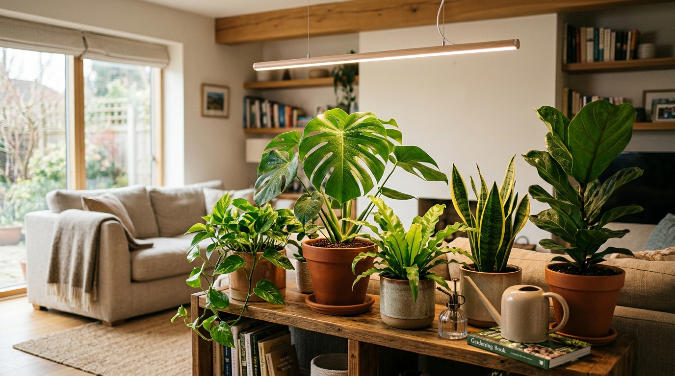 Aesthetic pendant grow light hanging above a monstera and pothos houseplant display in a bright modern living room