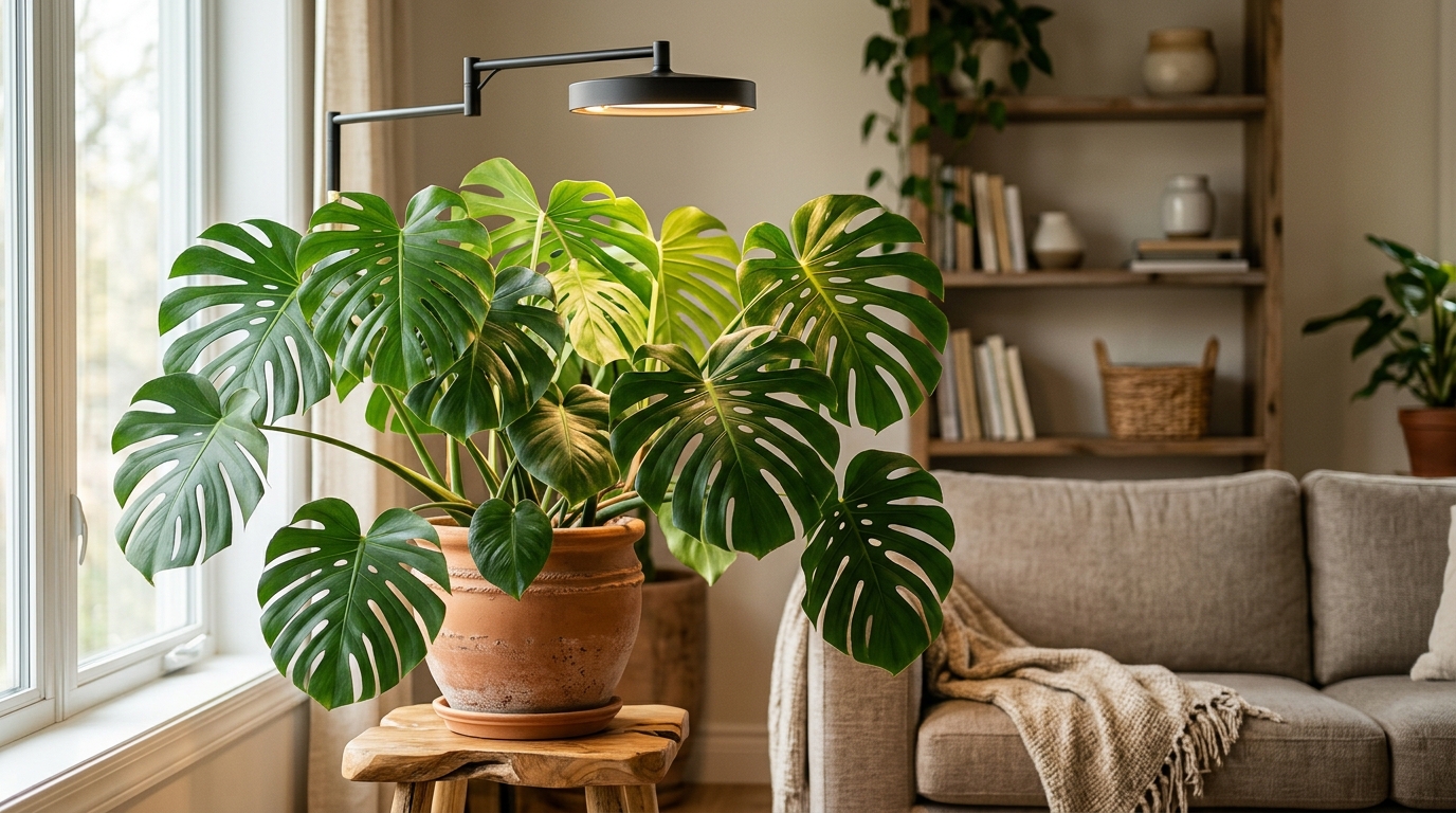 Monstera deliciosa with large fenestrated leaves thriving under a pendant-style full-spectrum LED grow light in a modern living room