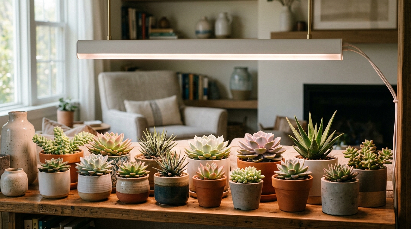Barrina T5 LED grow light bars illuminating a succulent and cactus shelf display in a bright modern home