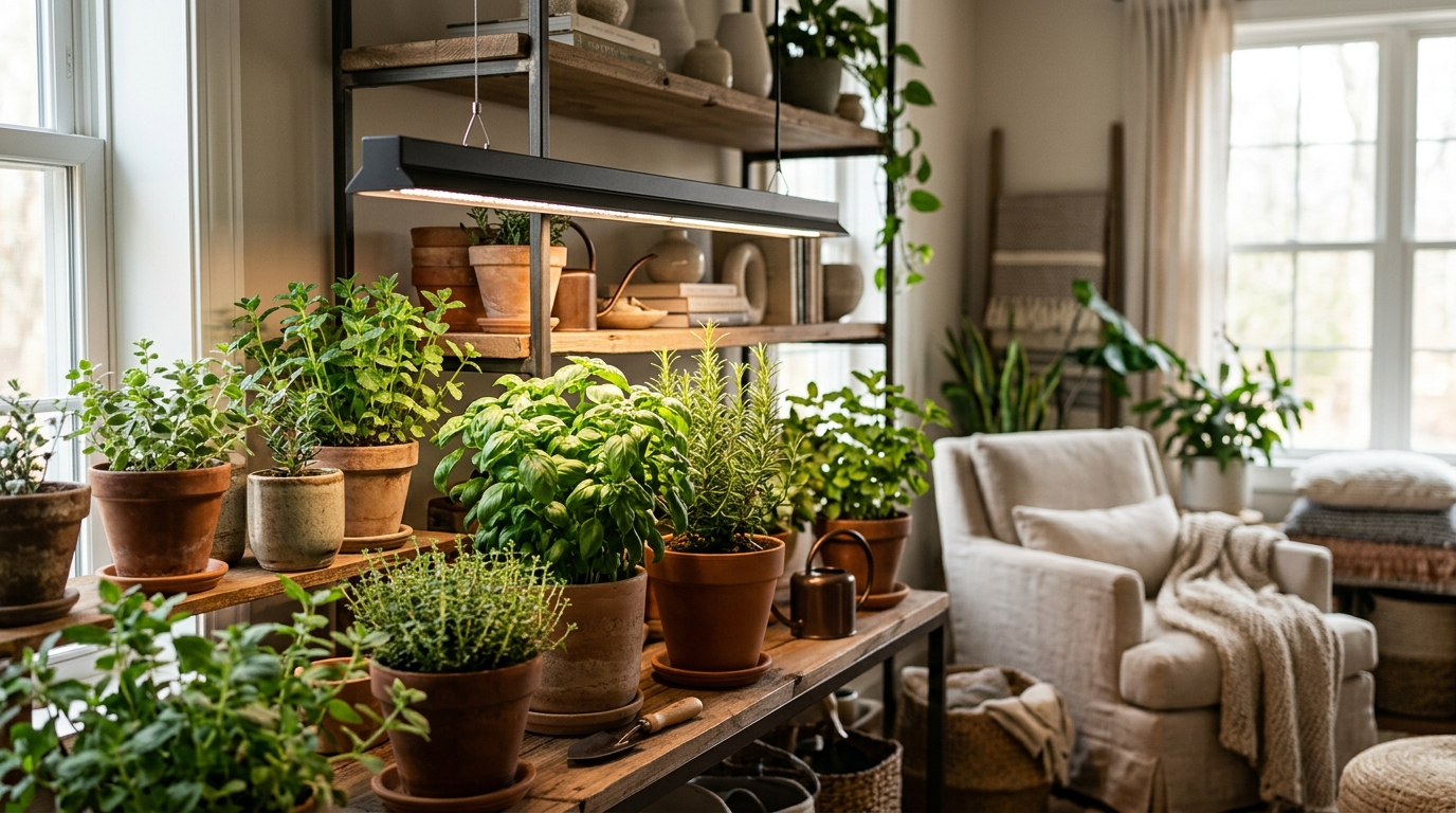 LED grow light bars mounted under a white shelving unit illuminating rows of fresh herbs and baby greens in small pots