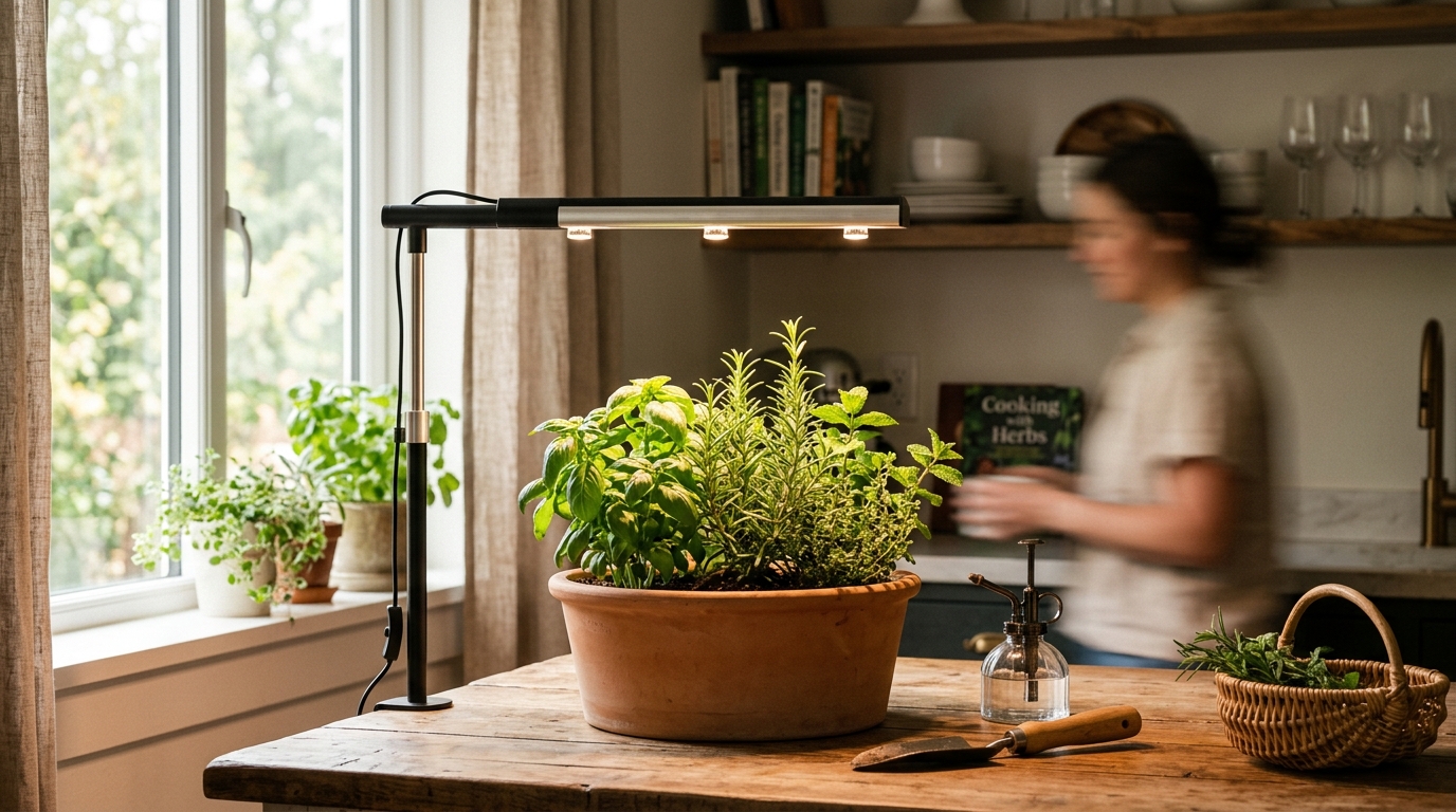 LED grow light bars mounted under a kitchen shelf illuminating rows of basil, mint, parsley, and chives in terracotta pots