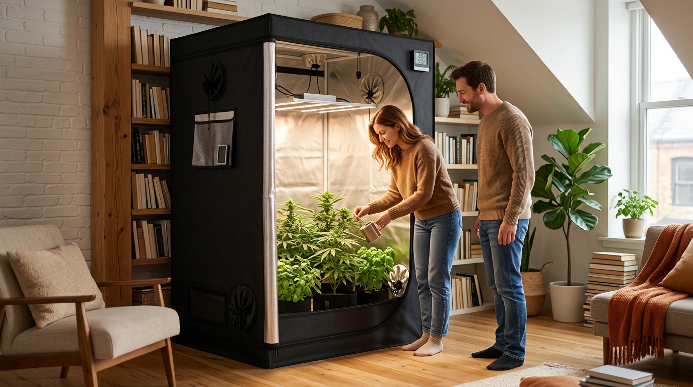 Four grow tents of different sizes arranged side by side in a basement, showing 2x2, 3x3, 4x4, and 4x8 footprints with plants visible through open doors