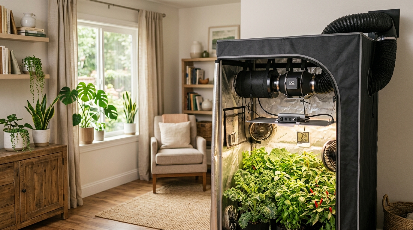 Inside a grow tent showing an inline fan connected to a carbon filter hanging from the top rail with ducting routed to the exhaust port