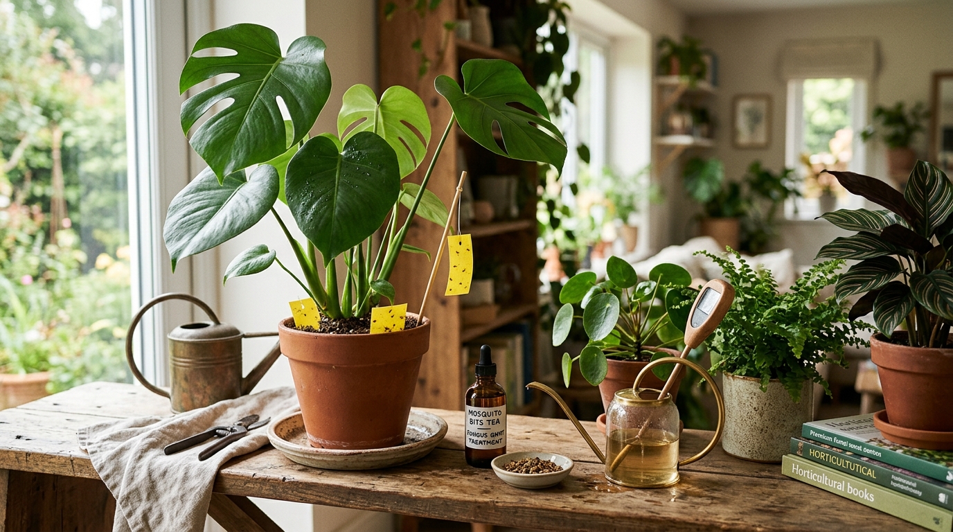 Yellow sticky trap covered with fungus gnats placed among potted houseplants on a bright windowsill
