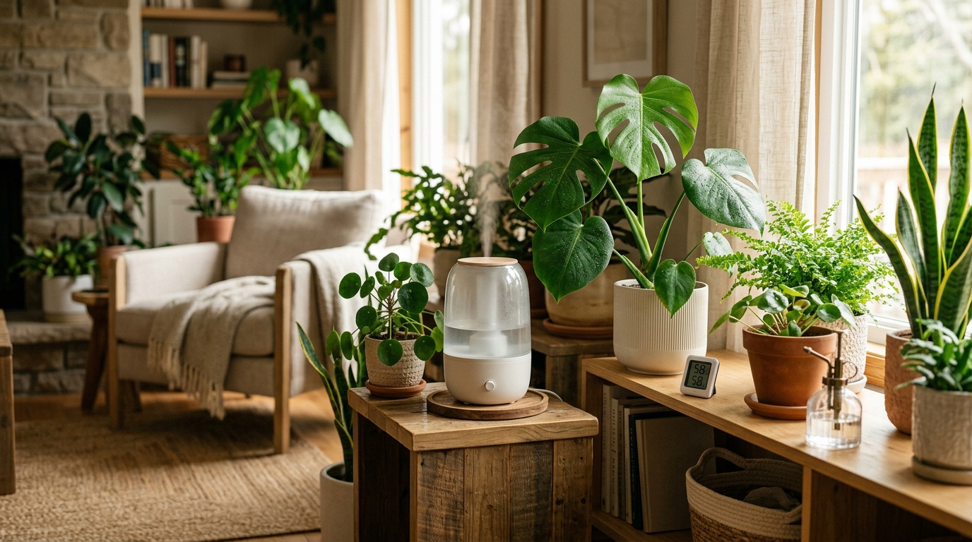 Ultrasonic humidifier releasing cool mist beside a collection of tropical houseplants on a bright indoor shelf