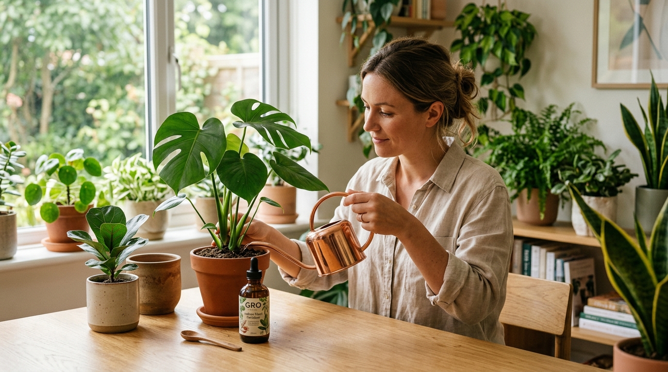 Person adding liquid fertilizer to a green houseplant on a bright windowsill