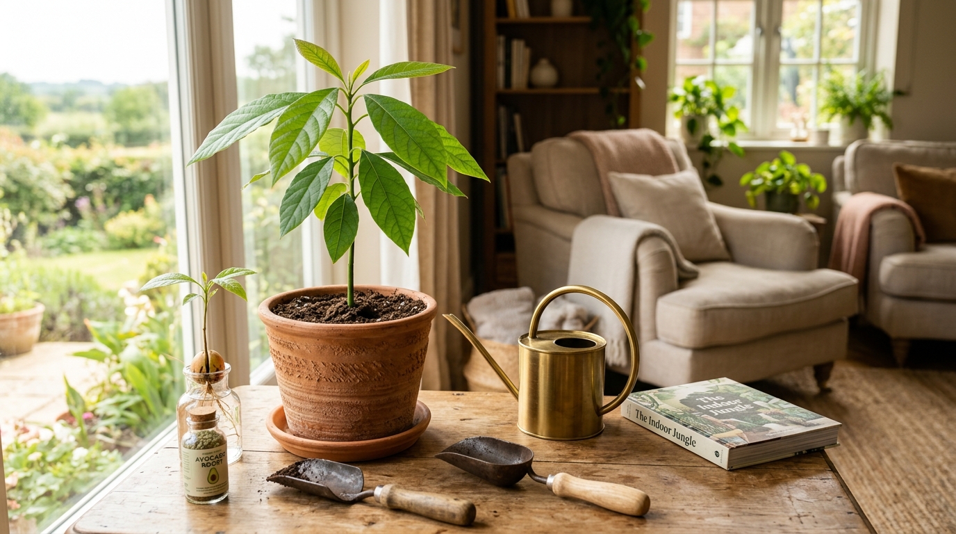 Young avocado tree growing in a large terracotta container near a bright south-facing window with glossy green leaves