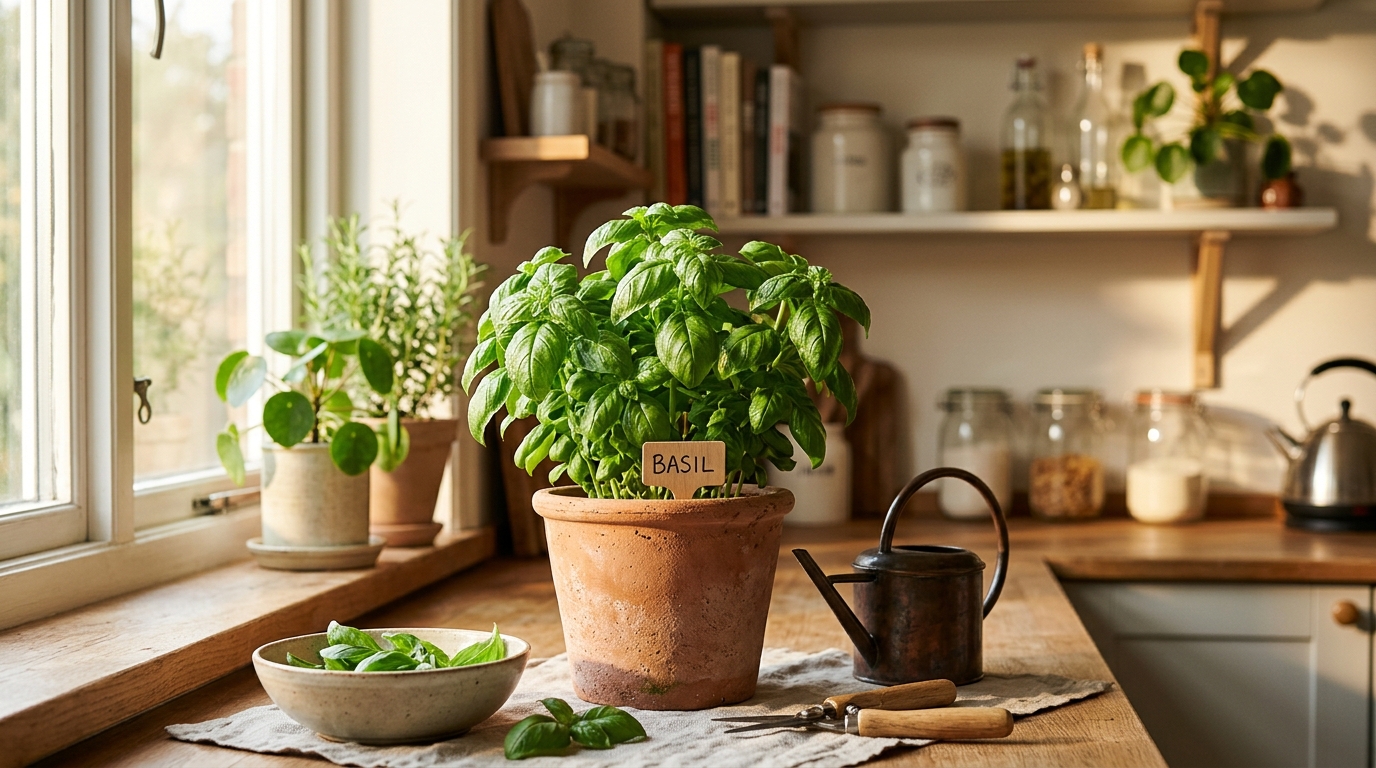Fresh green basil plant growing in a terracotta pot on a bright sunny windowsill next to a kitchen window