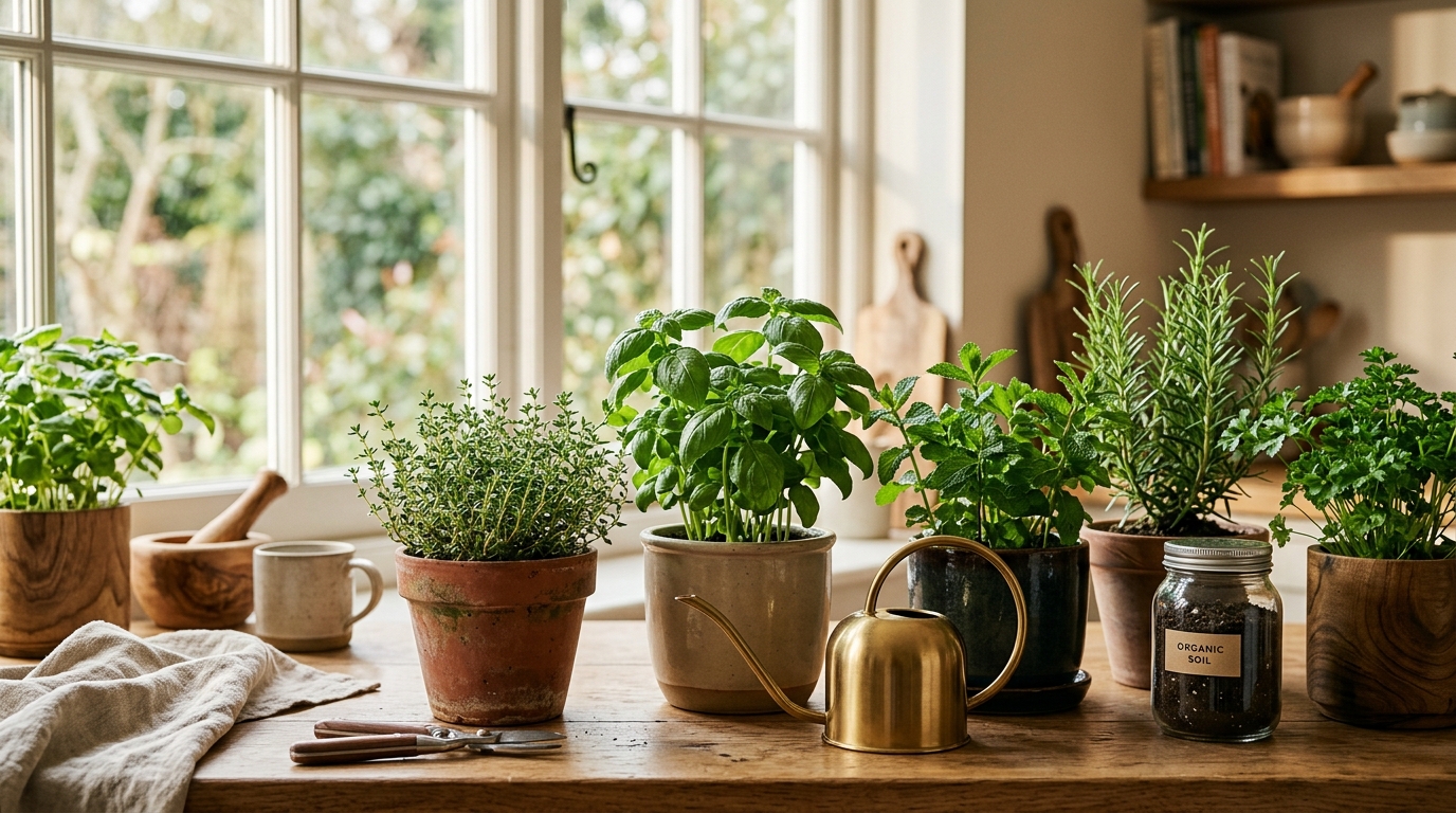 Potted herbs including basil, rosemary, and thyme on a sunny kitchen windowsill