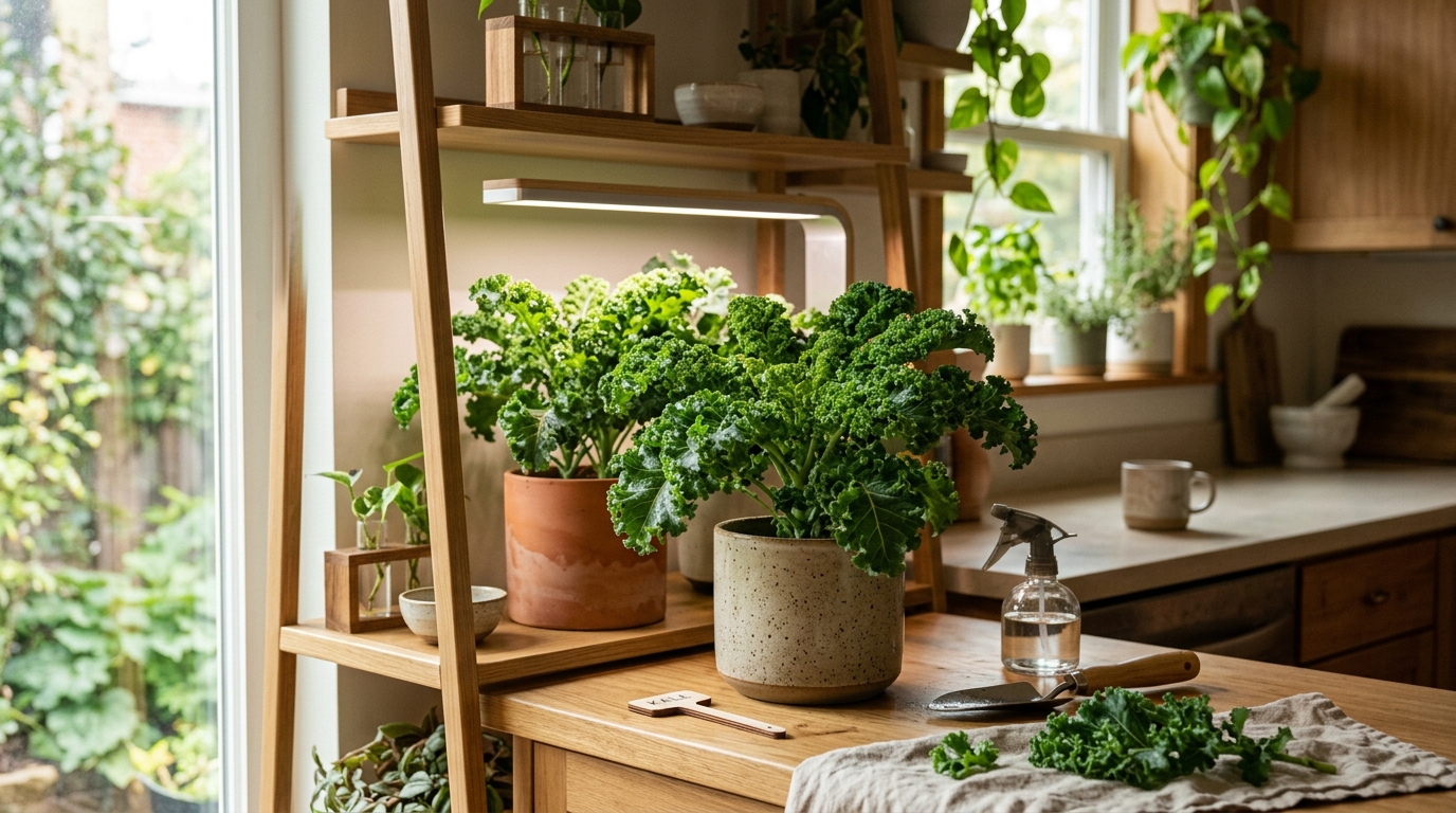 Dark green kale plant growing in a large fabric container under a full-spectrum LED grow light indoors