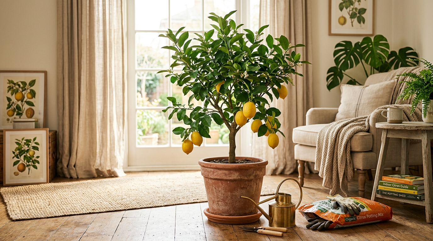 Dwarf Meyer lemon tree in a large terracotta container near a bright south-facing window, bearing green and yellow lemons