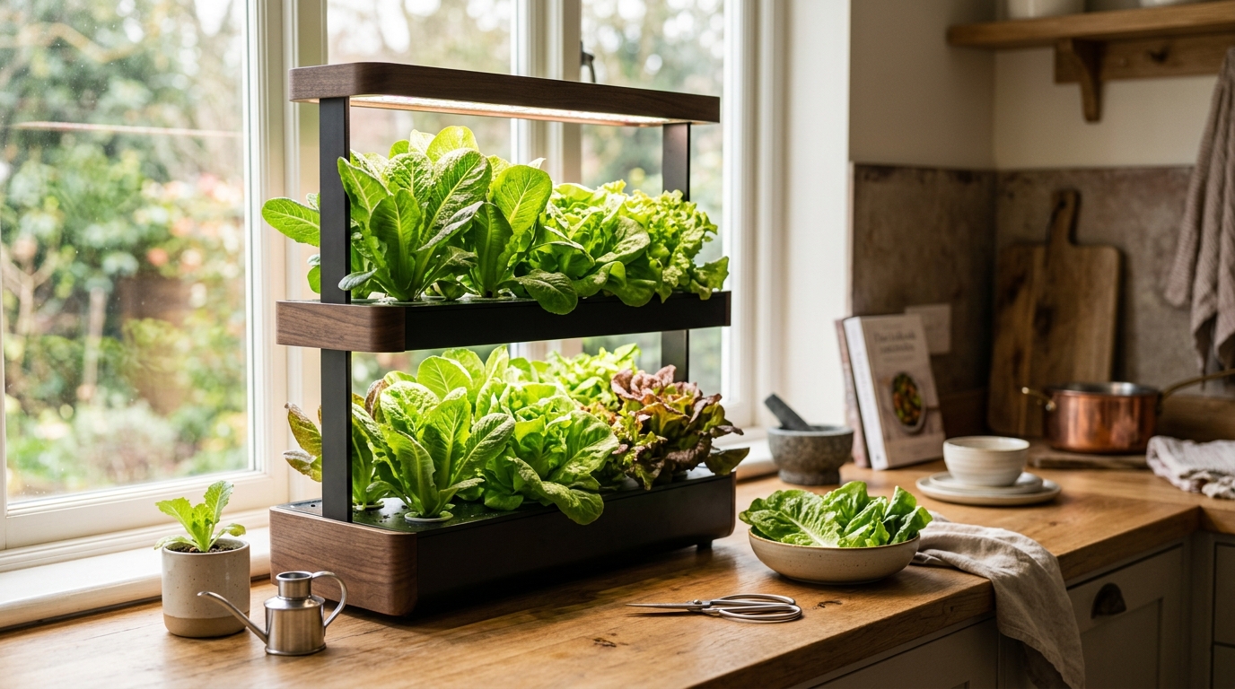 Fresh lettuce growing in containers under LED grow lights indoors