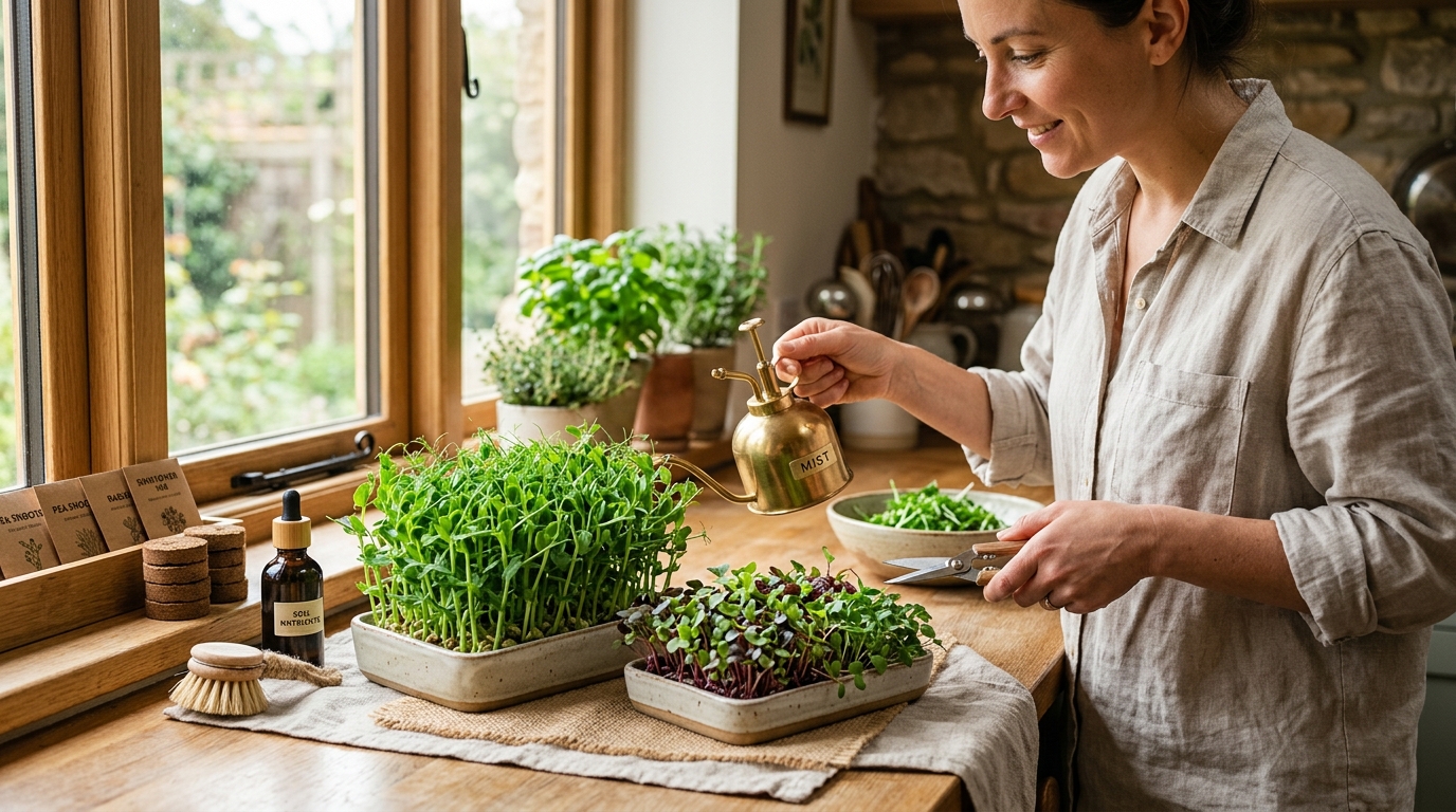Densely packed sunflower and radish microgreens growing in a shallow tray on a kitchen counter