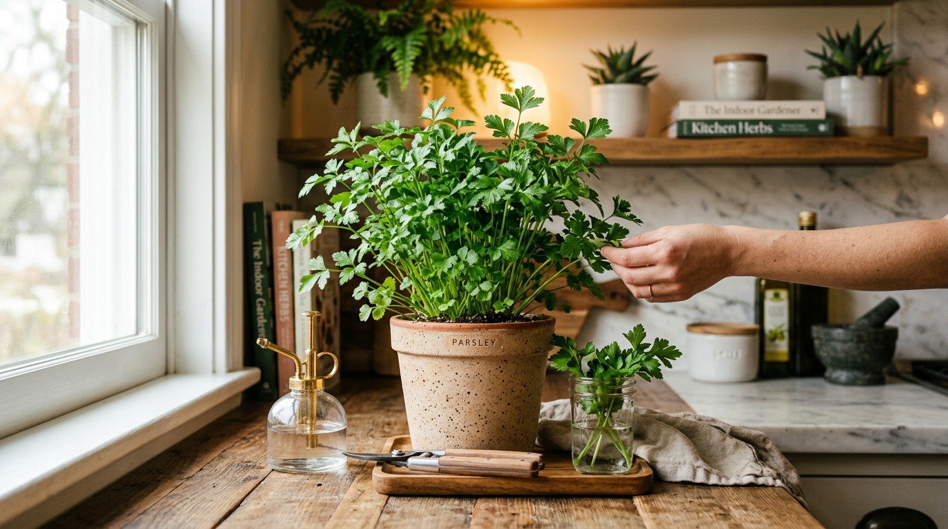 Fresh flat-leaf Italian parsley growing in a deep terracotta pot on a bright kitchen windowsill with glossy dark green leaves ready to harvest