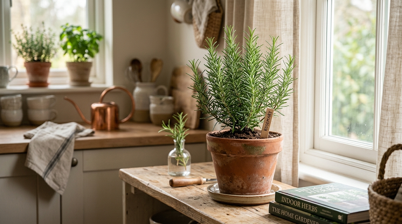 Fresh rosemary sprigs growing in a terracotta pot on a bright windowsill with silver-green needle-like leaves