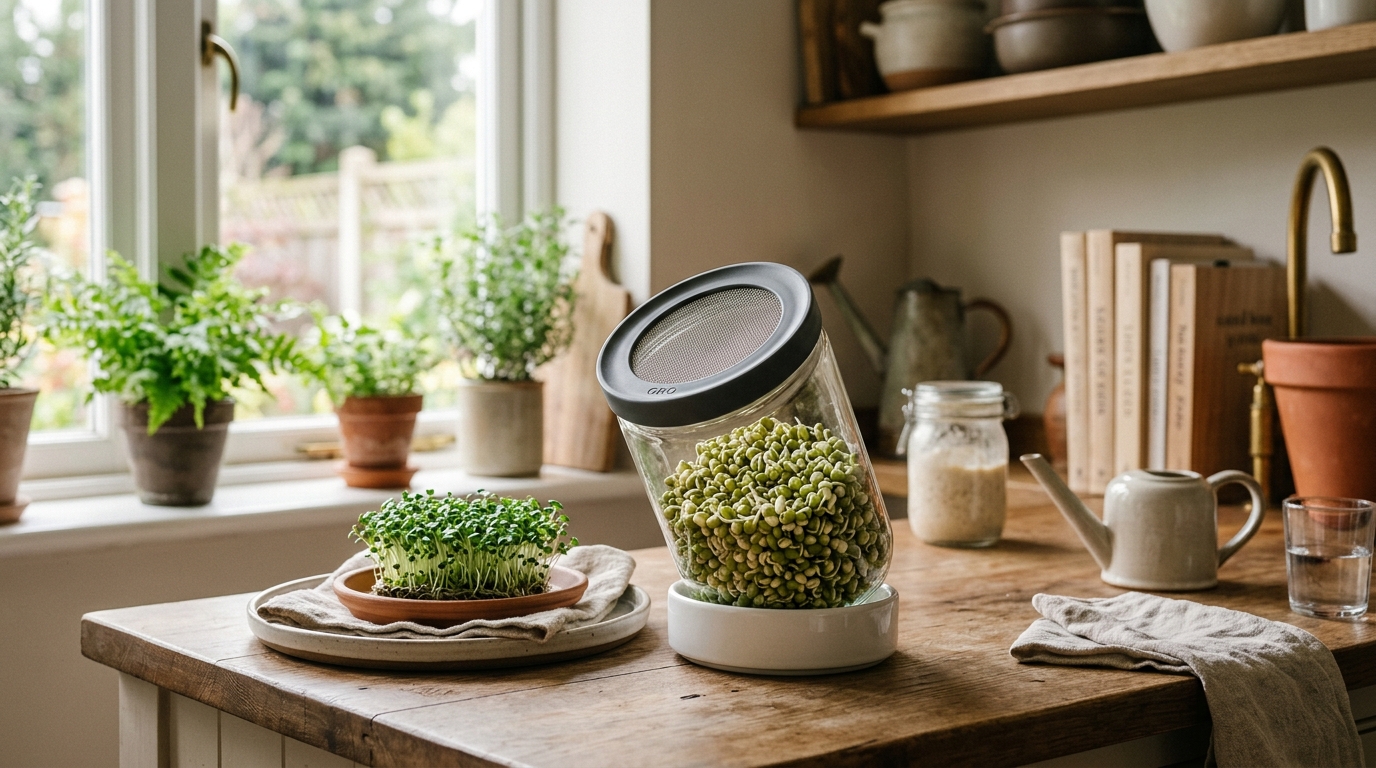 Glass mason jar filled with alfalfa sprouts on a sunny kitchen counter beside a bowl of mixed bean sprouts