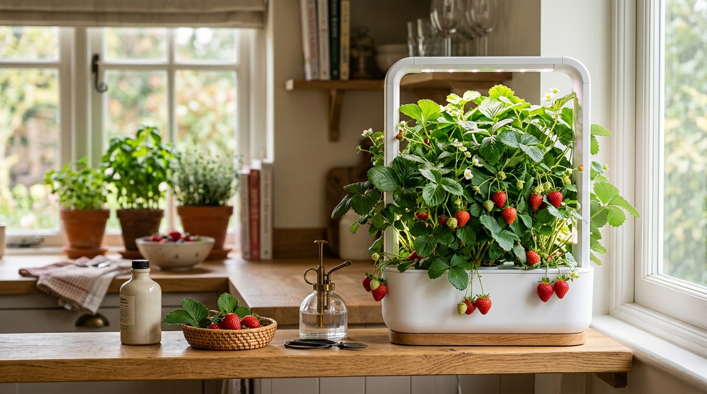 Red ripe strawberries growing in a terracotta pot under a grow light on a bright kitchen shelf