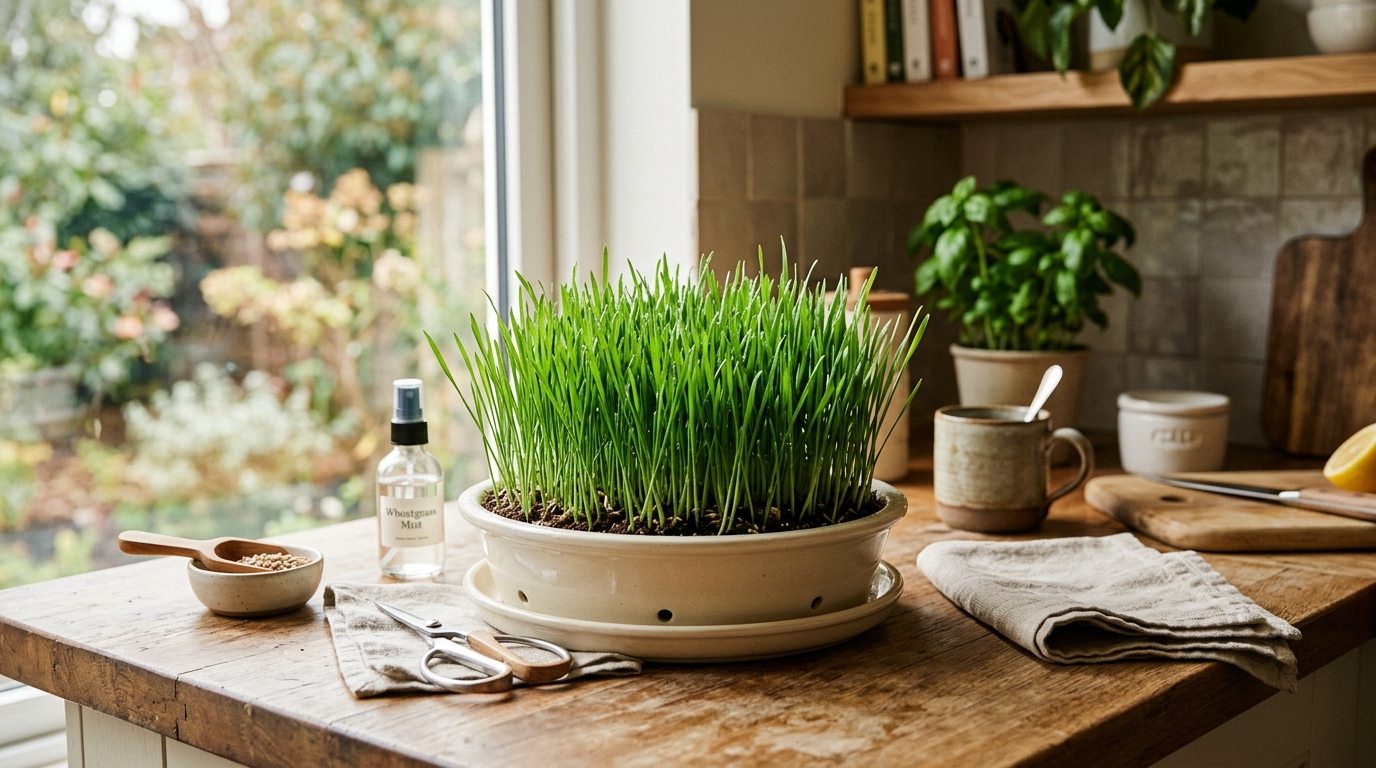 Fresh green wheatgrass growing in a shallow tray under a grow light on a kitchen counter