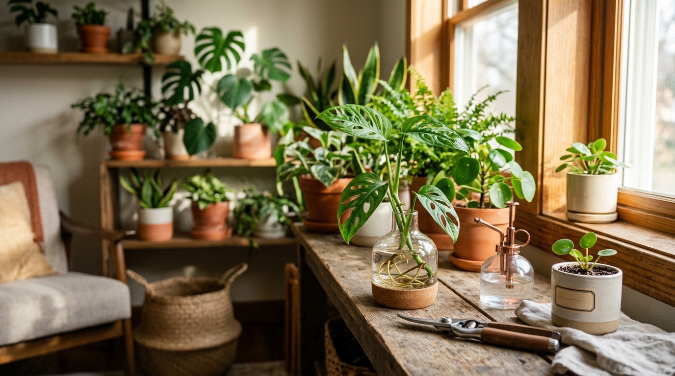 Houseplant stem cuttings rooting in glass propagation vases on a bright windowsill