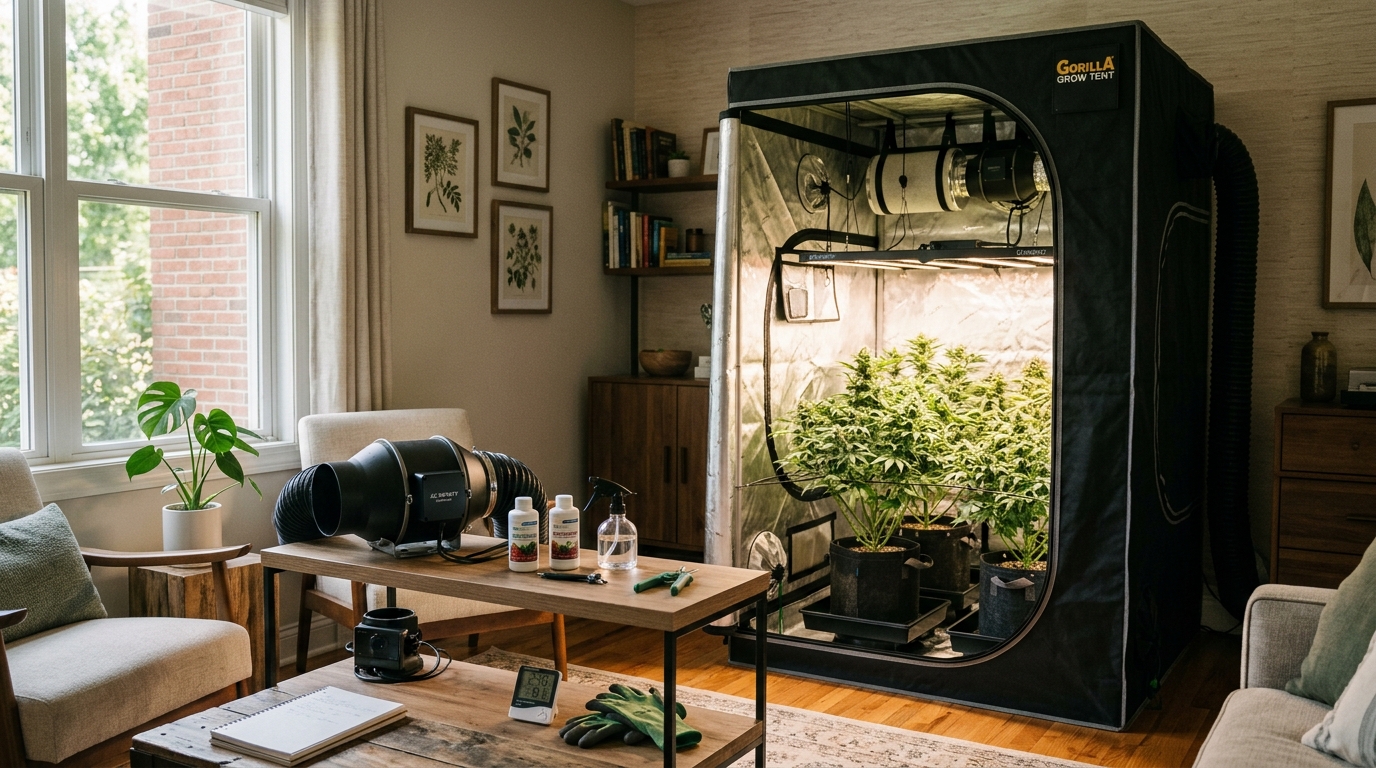 A fully assembled indoor grow tent with LED light, ventilation fan, and young plants growing inside
